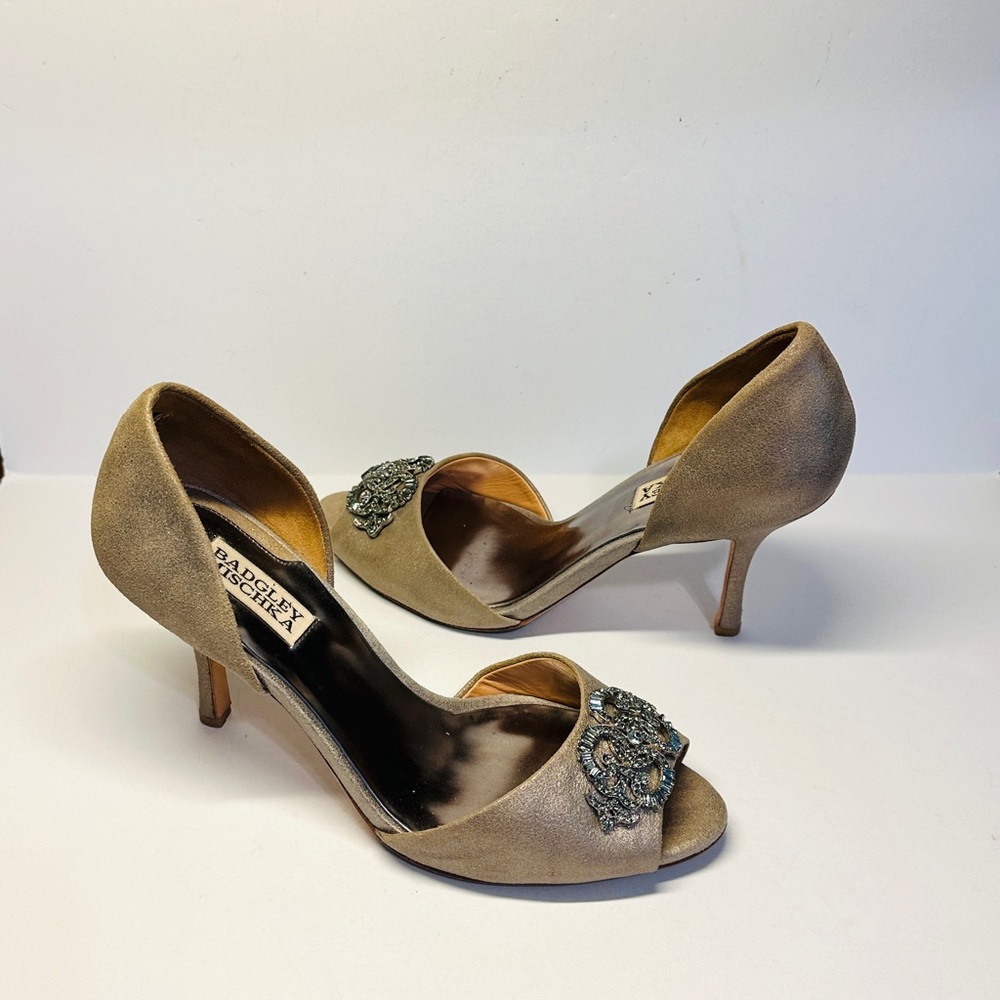 Badgley Mischka Women's Evening Shoes Peep Toe Jeweled Taupe 9M